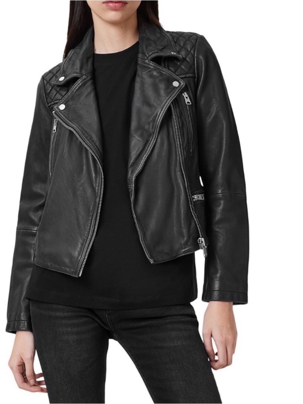 All Saints Cargo Black Quilted Leather Moto Jacket